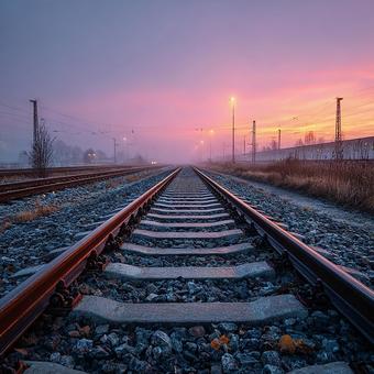 赤く染まる空の下、遠くまで続く鉄道 赤く染まる空の下、遠くまで続く鉄道の写真