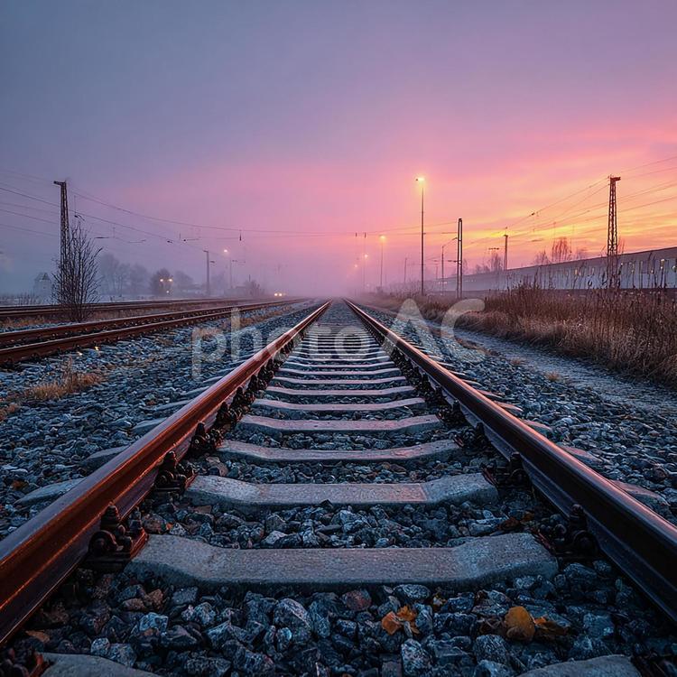 赤く染まる空の下、遠くまで続く鉄道 線路,鉄道,レールの写真素材
