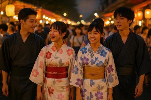 花火大会に向かう高校生たち 花火大会に向かう高校生たちの写真