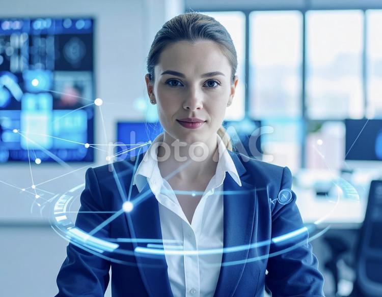 ホログラフィック操作するビジネスウーマン 女性,スーツ,ビジネスの写真素材
