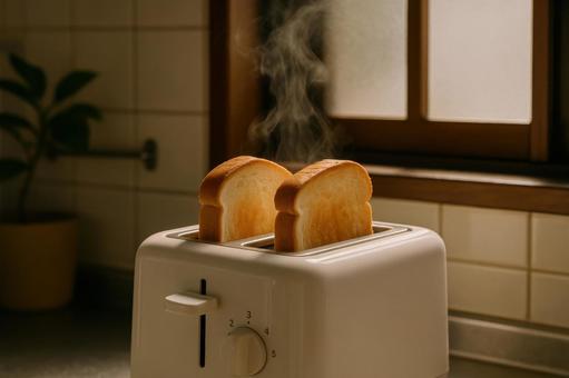 トースターで焼かれる食パン トースターで焼かれる食パンの写真