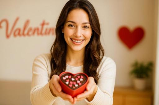 バレンタインに笑顔でチョコ渡す女性・恋愛の写真
