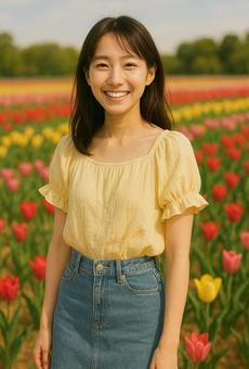 チューリップ畑と女性 チューリップ畑と女性の写真