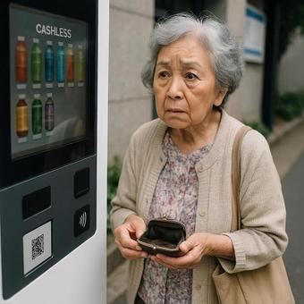 自販機の前で困った表情の高齢者 自販機の前で困った表情の高齢者の写真