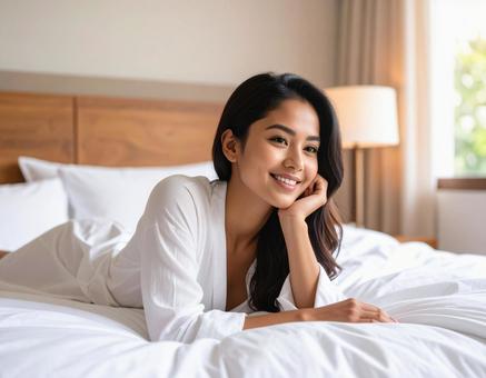 ベッドでリラックスする女性 ベッドでリラックスする女性の写真