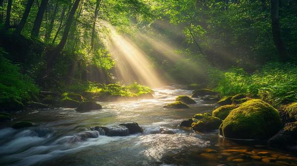 光に包まれる清流の写真