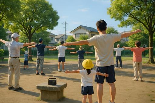 公園でラジオ体操 公園でラジオ体操の写真
