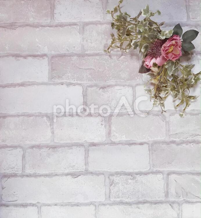 花とアイビーとレンガの壁 れんが,壁,バックグランドの写真素材