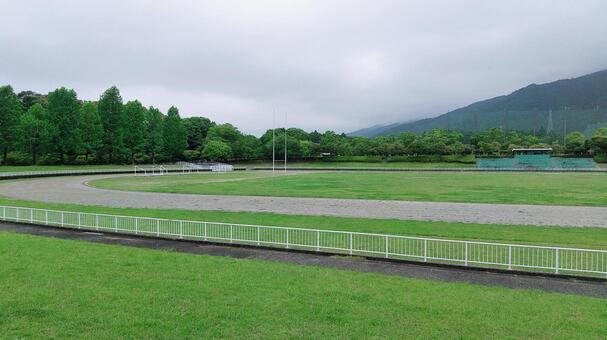 山を望む新城総合公園の陸上競技場 グリーン,新城総合公園,新城市の写真素材