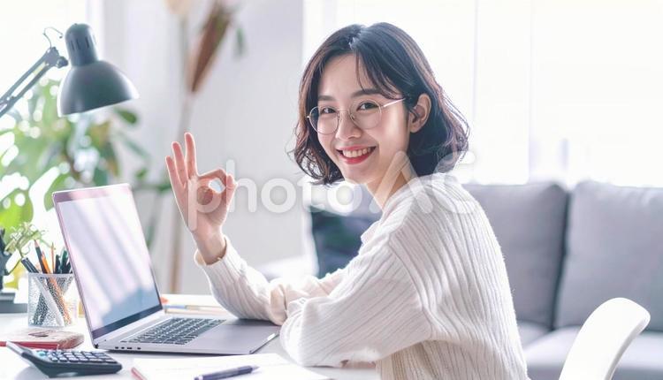 家計がうまくいきパソコンの前で微笑む女性 パソコン,家計簿,節約の写真素材