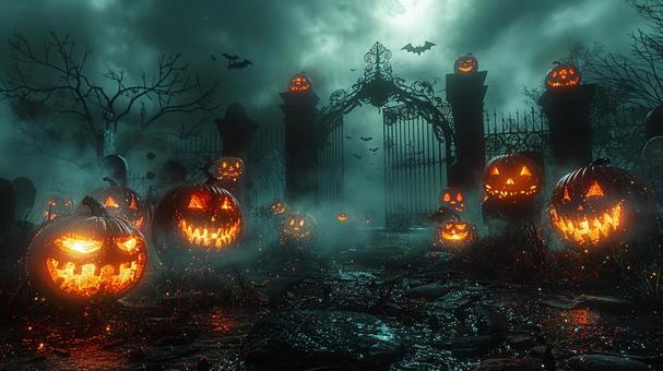墓地に灯るハロウィンランタン 墓地に灯るハロウィンランタン ジャックオーランタン,カボチャ,墓地の写真素材
