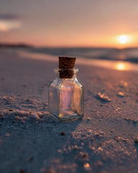 光り輝く水辺:夕日に照らされるボトル 光り輝く水辺:夕日に照らされるボトルの写真