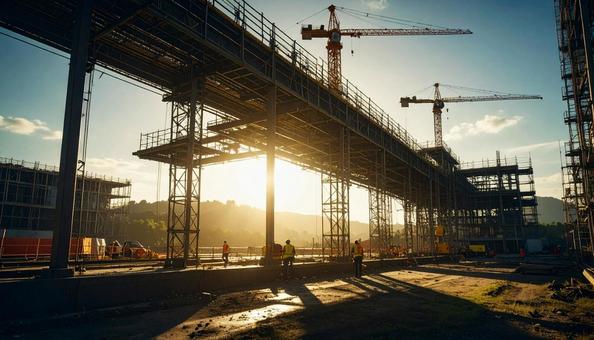 建設中の建物とクレーンの工事現場 建設中の建物とクレーンの工事現場の写真