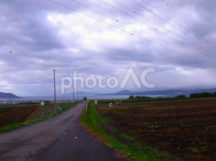 曇天の下の田舎の農道 農道,畑,曇り空の写真素材