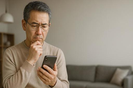 スマホを見つめて悩む男性 スマホを見つめて悩む男性の写真
