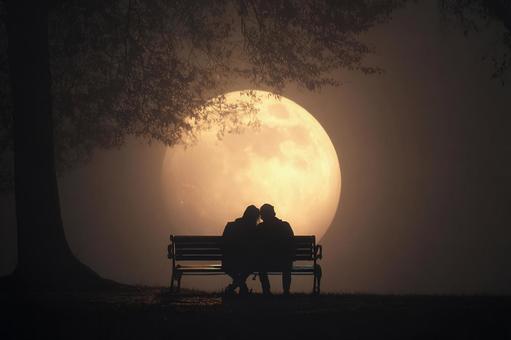 霧の夜空に浮かぶ月とベンチの恋人たち 霧の夜空に浮かぶ月とベンチの恋人たちの写真