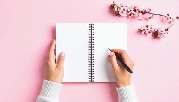 ノートとペン　ピンクの背景の写真