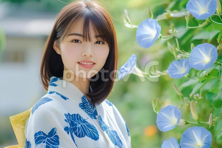 朝顔柄の浴衣を着た笑顔の女性 朝顔,あさがお,アサガオの写真素材