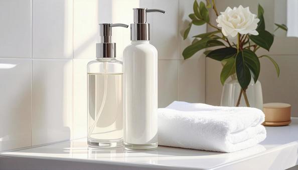 基礎化粧品とタオルを備えた清潔な洗面台 基礎化粧品とタオルを備えた清潔な洗面台の写真