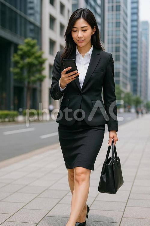 オフィス街でスマホ確認 ビジネス,女性,スーツの写真素材