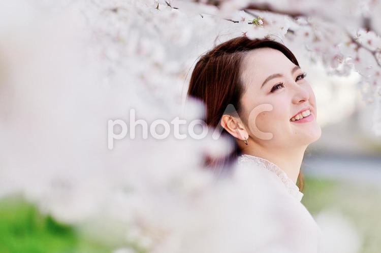 桜と派手目なメークの日本人女性2 女性,日本人,アジア人の写真素材
