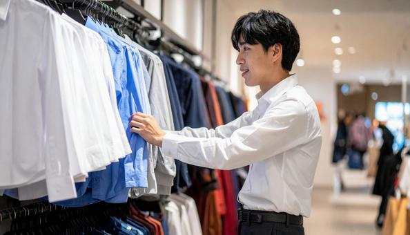 ショッピングをする若い日本人男性の横顔 ショッピングをする若い日本人男性の横顔の写真