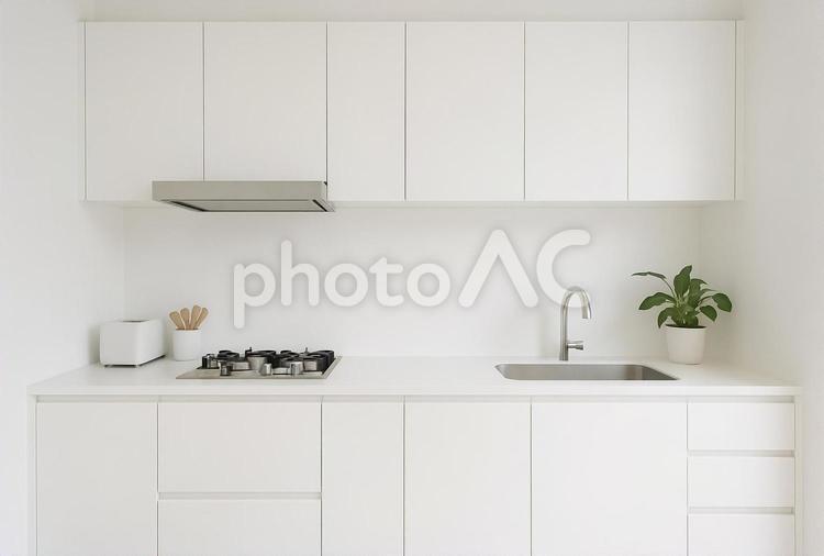 白を基調としたミニマルキッチン キッチン,白いキッチン,台所の写真素材