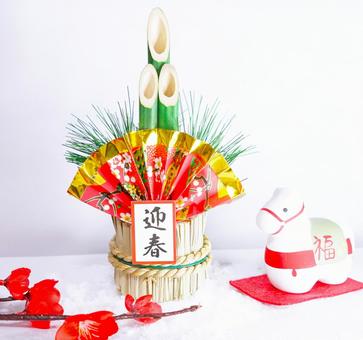 門松、梅、馬 正月,門松,梅の写真素材