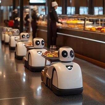 フードコートで活躍する配膳ロボット フードコートで活躍する配膳ロボットの写真