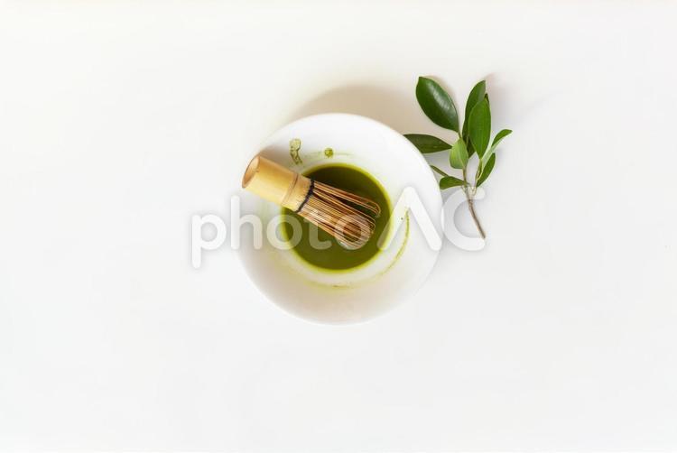 抹茶碗と茶せんと植物 抹茶,茶せん,粉末の写真素材
