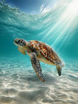 美しい水中を優雅に泳ぐウミガメの写真