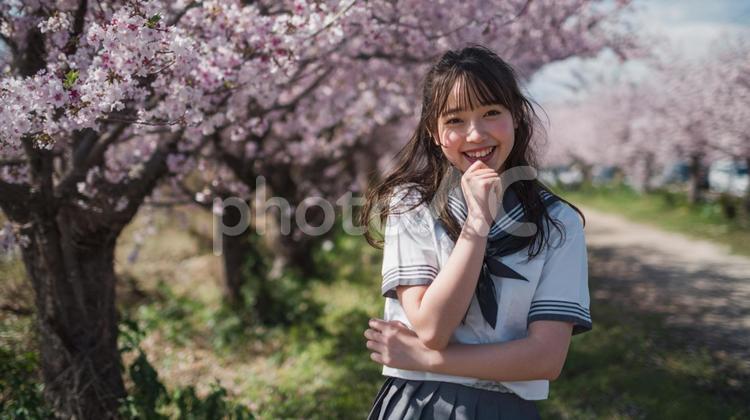 桜並木と女子学生 女性,桜,制服の写真素材