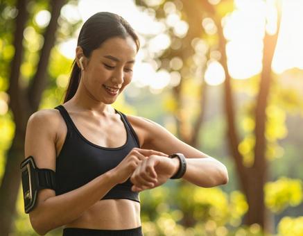 運動中にスマートウォッチを見る女性_02 運動中にスマートウォッチを見る女性_02の写真