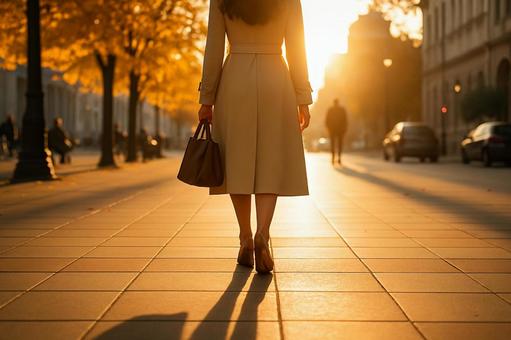 夕陽の街を歩く女性 夕陽の街を歩く女性の写真