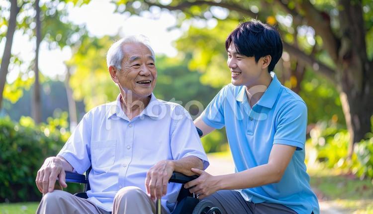 散歩する車椅子の高齢男性と男性介護士 男性介護士,訪問介護,在宅介護の写真素材