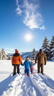 雪の中の家族 後ろ姿 雪の中の家族 後ろ姿の写真