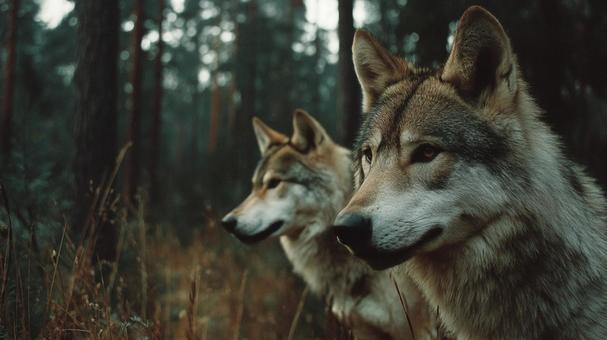 厳かな雰囲気の森のオオカミの群れ 厳かな雰囲気の森のオオカミの群れの写真
