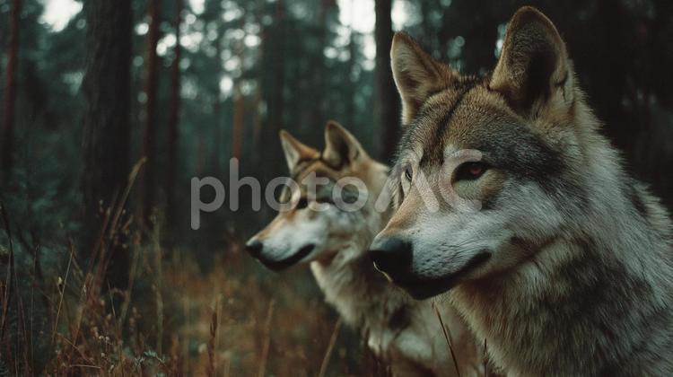 厳かな雰囲気の森のオオカミの群れ オオカミ,狼,動物の写真素材