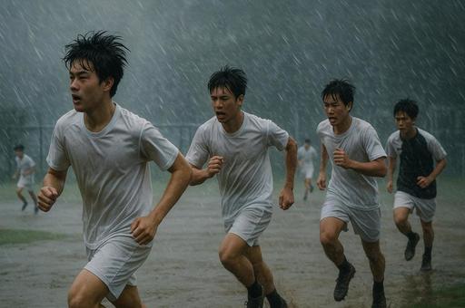 雨中を走る高校生ランナー 雨中を走る高校生ランナーの写真