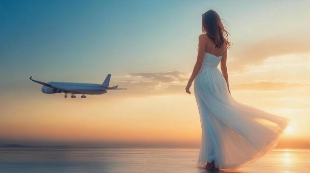 夕暮れの飛行場と白いドレスの女性 夕暮れの飛行場と白いドレスの女性の写真
