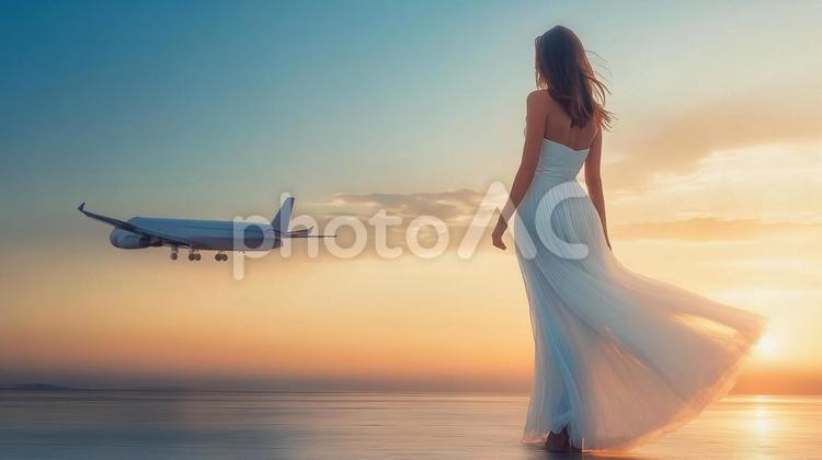 夕暮れの飛行場と白いドレスの女性 航空機,女性,白いドレスの写真素材
