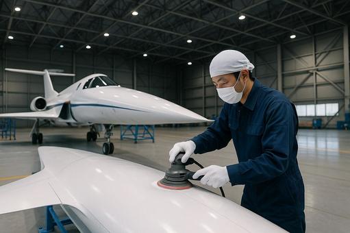 航空機整備で翼を研磨 航空機整備で翼を研磨の写真