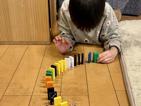 ドミノ遊びに集中する子ども／横 子ども,男の子,親子の写真素材