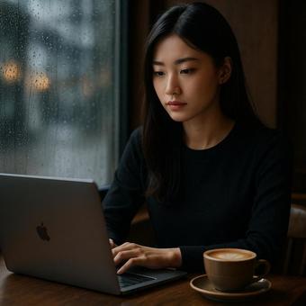 カフェでリモートワークする女性の写真