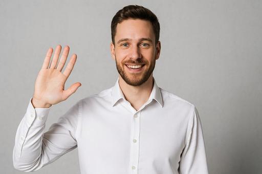笑顔の外国人男性の挨拶ポーズ・手を振る 笑顔の外国人男性の挨拶ポーズ・手を振るの写真