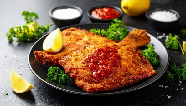 カレイの唐揚　トマトソースがけ の写真