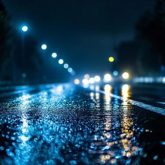 雨上がりの夜道に灯る街灯の光 雨上がりの夜道に灯る街灯の光の写真