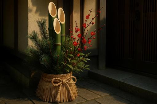 正月飾りと門松のある玄関 正月飾りと門松のある玄関の写真