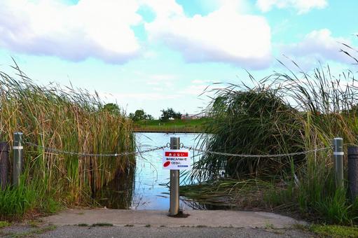 上総更級公園の修景池「危険周知する看板」 看板,危険,チェーンの写真素材