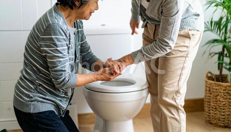 高齢女性のトイレの介助をしている家族 バリアフリー,建物,施設の写真素材